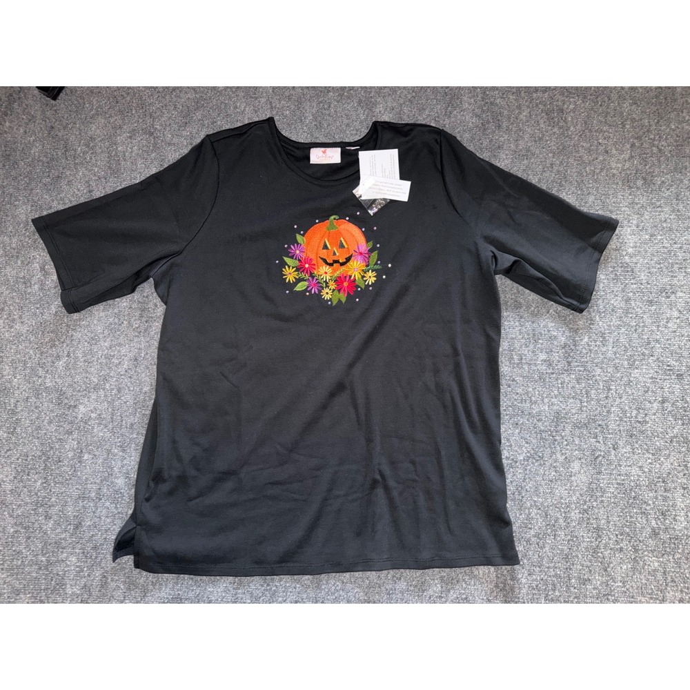 Quacker Factory Halloween Pumpkin Floral Rhinestone Top Black XL New